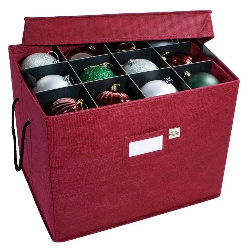 Christmas Ornament Storage‎ Box with Dividers Red Fabric Organizer NEW
